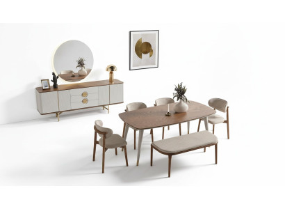 Parfait ensemble de salle à manger composé d'une table à manger, de 4 chaises, d'un miroir et d'un tabouret, pour un total de 8 pièces.