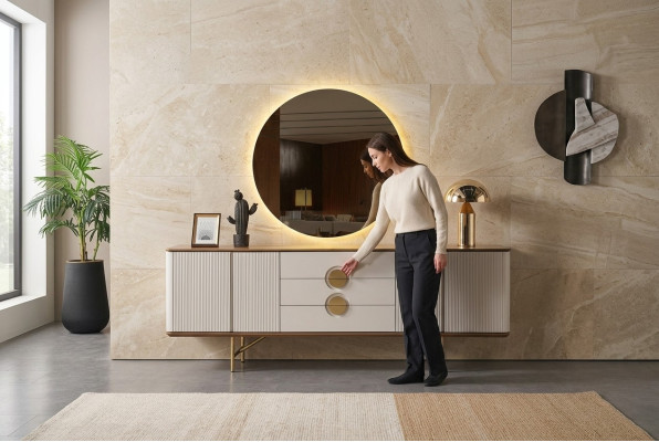 Ensemble de salle à manger parfait se compose d'un buffet beige et miroir 2 pièces. nouveau