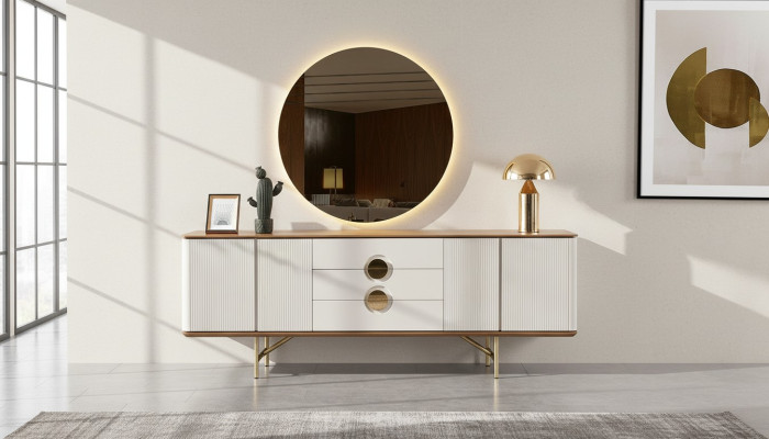 Ensemble de salle à manger parfait se compose d'un buffet beige et miroir 2 pièces. nouveau