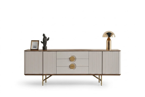 Ensemble de salle à manger parfait se compose d'un buffet beige et miroir 2 pièces. nouveau