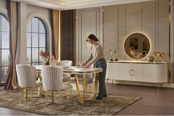 Salle à manger est composée de table à manger design, 4 chaises et un buffet, le tout en 7 pièces.