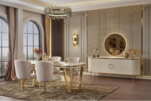 Salle à manger est composée de table à manger design, 4 chaises et un buffet, le tout en 7 pièces.