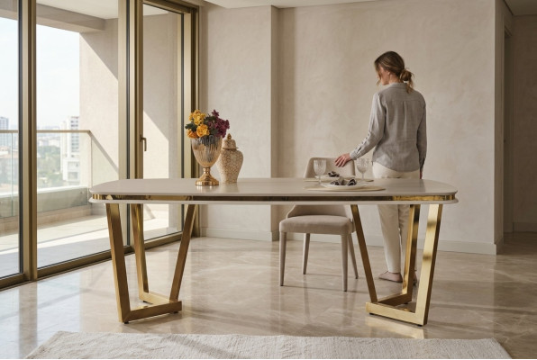 Table à manger Salle à manger Tables à manger en bois de style moderne beige design en acier inoxydable