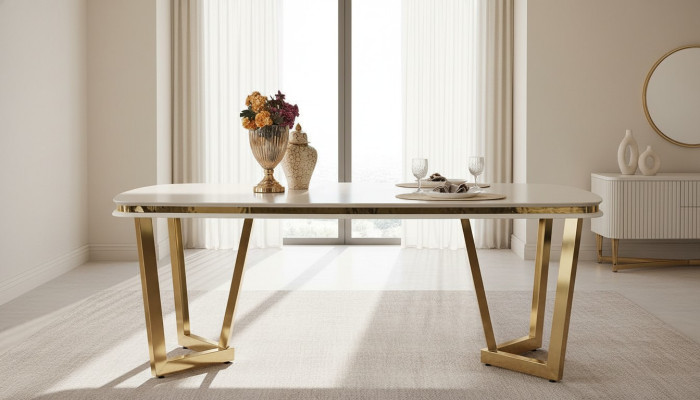 Table à manger Salle à manger Tables à manger en bois de style moderne beige design en acier inoxydable