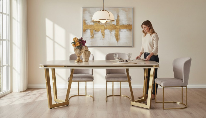 Ensemble de salle à manger moderne composé d'une table à manger et de 4 chaises beige, 5 pièces.
