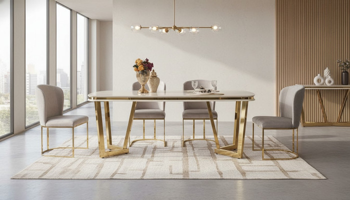 Ensemble de salle à manger moderne composé d'une table à manger et de 4 chaises beige, 5 pièces.