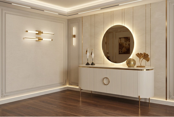 Se compose d'un ensemble de salle à manger Comprend un buffet beige et un miroir