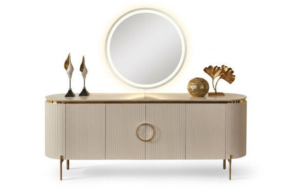 Se compose d'un ensemble de salle à manger Comprend un buffet beige et un miroir