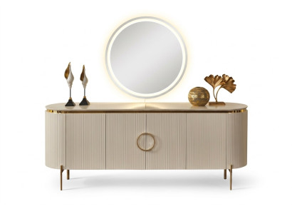 Se compose d'un ensemble de salle à manger Comprend un buffet beige et un miroir