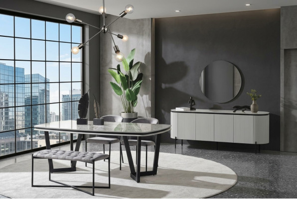 Ensemble de salle à manger moderne Composé d'une table de salle à manger 4 chaises et d'un miroir de buffet