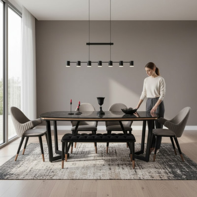 L'ensemble de salle à manger se compose d'une table à manger + 4 chaises de couleur noire 6 pièces.
