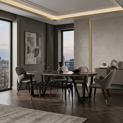 L'ensemble de salle à manger se compose d'une table à manger + 4 chaises de couleur noire 6 pièces.