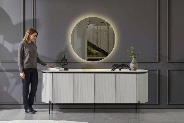 Ensemble de salle à manger élégant composé d'un buffet et d'un miroir de couleur blanche en 2 pièces