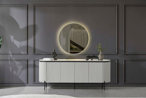 Ensemble de salle à manger élégant composé d'un buffet et d'un miroir de couleur blanche en 2 pièces