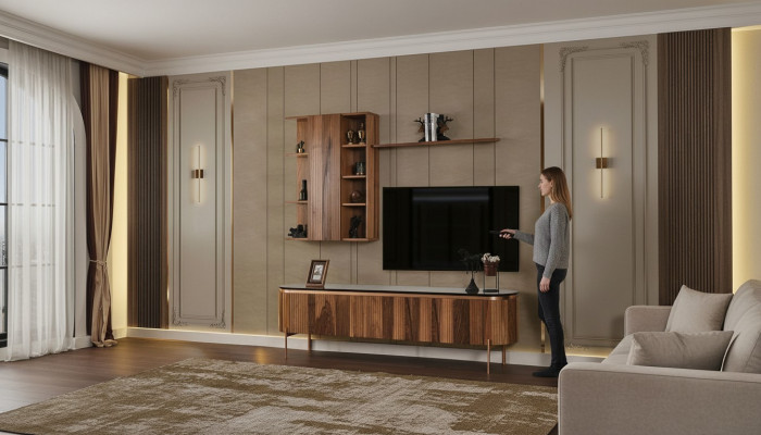 Un ensemble de salon parfait se compose d'un bas de télévision marron et d'une armoire murale.