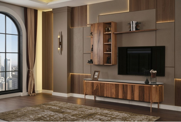 Un ensemble de salon parfait se compose d'un bas de télévision marron et d'une armoire murale.
