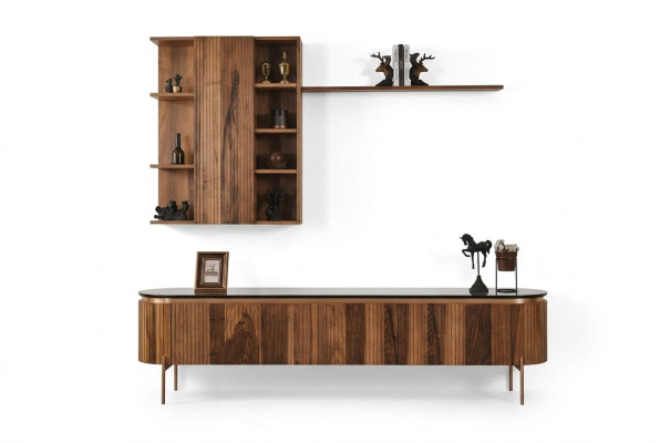 Un ensemble de salon parfait se compose d'un bas de télévision marron et d'une armoire murale.