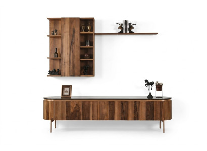 Un ensemble de salon parfait se compose d'un bas de télévision marron et d'une armoire murale.