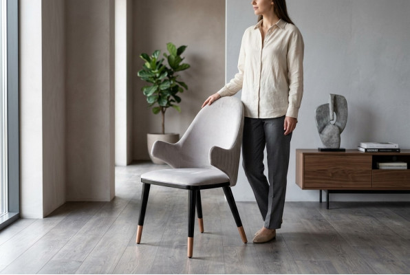 Chaise élégante de couleur grise, confortable et rembourrée pour la salle à manger, neuve.