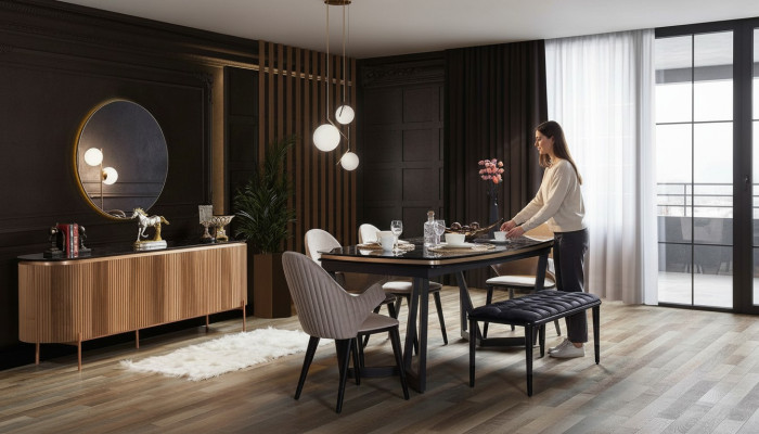 Un ensemble de salle à manger de luxe se compose d'une table à manger, de 4 chaises et d'un buffet, soit 7 pièces.