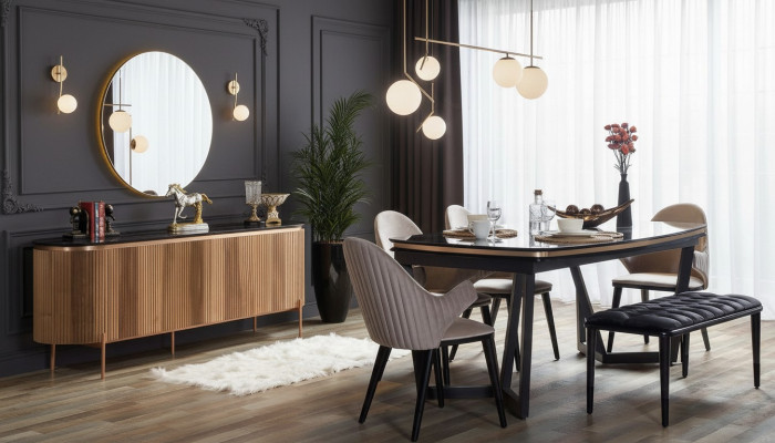 Un ensemble de salle à manger de luxe se compose d'une table à manger, de 4 chaises et d'un buffet, soit 7 pièces.