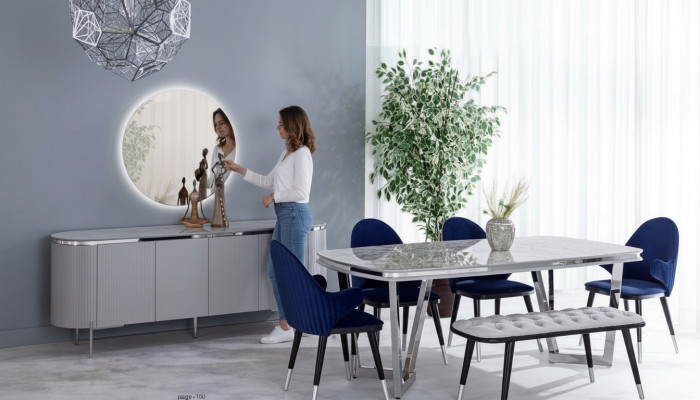 Ensemble de salle à manger composé d'une table à manger 4 chaises miroir bahut tabouret 8 pièces