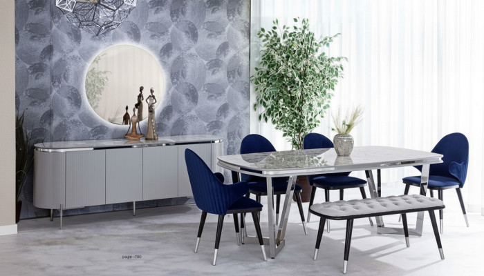 Ensemble de salle à manger composé d'une table à manger 4 chaises miroir bahut tabouret 8 pièces