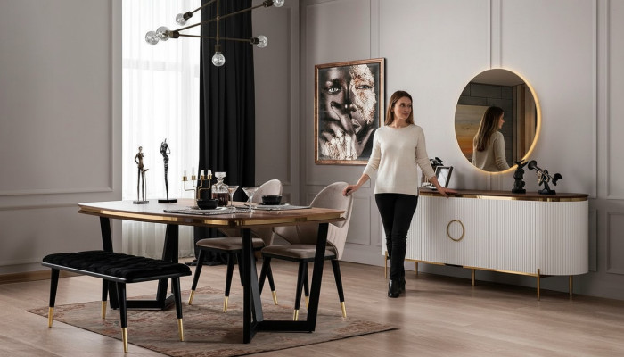 Ensemble de salle à manger composé d'une table à manger, de 4 chaises, d'un tabouret, d'un buffet, d'un miroir, soit 8 pièces.