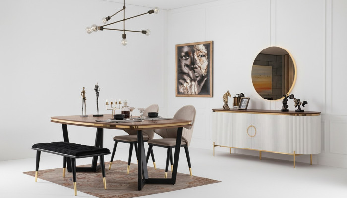 Ensemble de salle à manger composé d'une table à manger, de 4 chaises, d'un tabouret, d'un buffet, d'un miroir, soit 8 pièces.