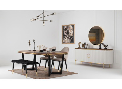 Ensemble de salle à manger composé d'une table à manger, de 4 chaises, d'un tabouret, d'un buffet, d'un miroir, soit 8 pièces.