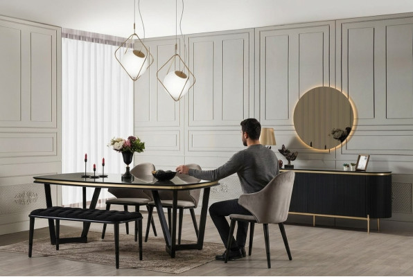 Ensemble de salle à manger moderne comprenant une table à manger, 4 chaises, un buffet, un miroir et un tabouret, neuf.