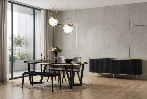 Ensemble de salle à manger moderne comprenant une table à manger, 4 chaises, un buffet, un miroir et un tabouret, neuf.