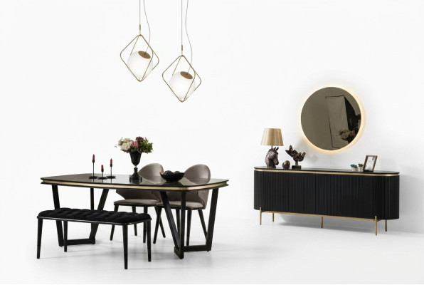 Ensemble de salle à manger moderne comprenant une table à manger, 4 chaises, un buffet, un miroir et un tabouret, neuf.