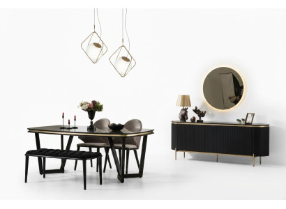 Ensemble de salle à manger moderne comprenant une table à manger, 4 chaises, un buffet, un miroir et un tabouret, neuf.