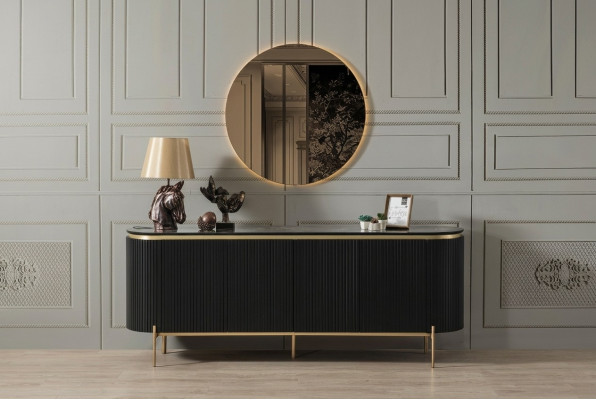 Salle à manger moderne composée d'un bahut noir et d'un miroir en 2 parties.