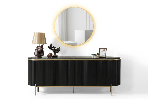 Salle à manger moderne composée d'un bahut noir et d'un miroir en 2 parties.