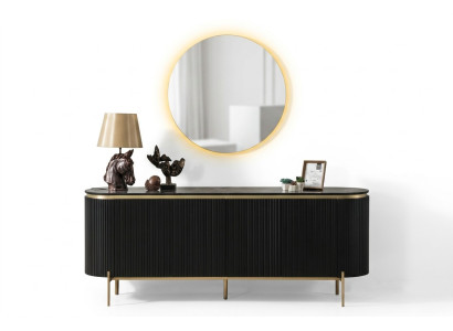 Salle à manger moderne composée d'un bahut noir et d'un miroir en 2 parties.