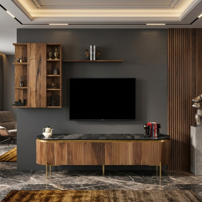 Le salon se compose d'un meuble TV bas et d'un meuble mural avec étagère, 2 pièces. nouveau