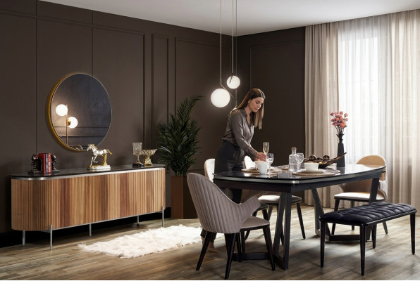 Élégant ensemble de salle à manger de 8 pièces Table à manger 4x Chaises Buffet Miroir Tabouret neuf