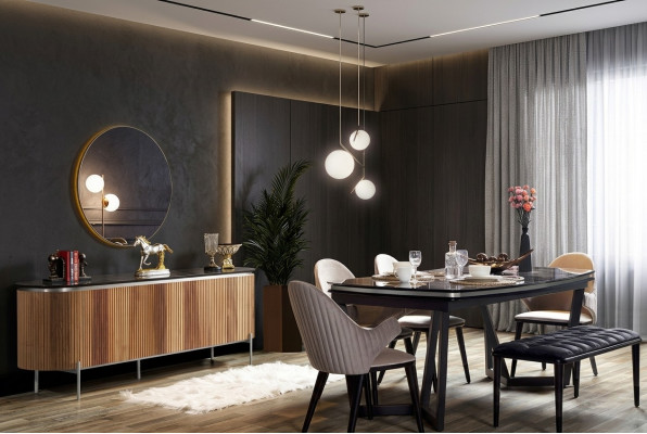 Élégant ensemble de salle à manger de 8 pièces Table à manger 4x Chaises Buffet Miroir Tabouret neuf