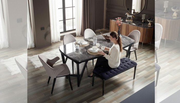 Ensemble de salle à manger élégant composé d'une table à manger, de 4 chaises et de 6 tabourets.