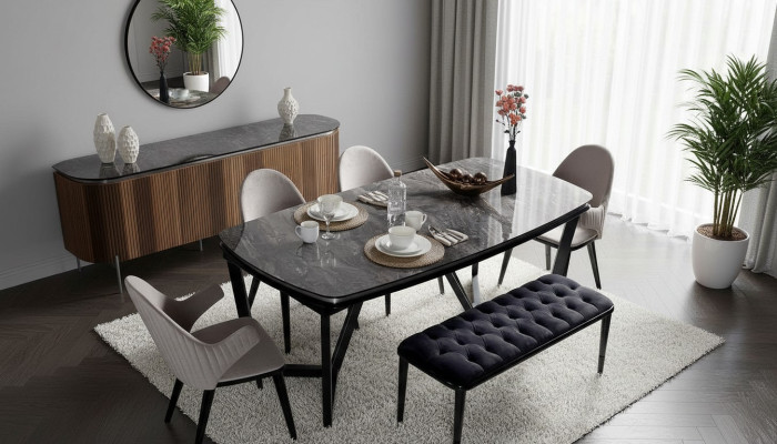 Ensemble de salle à manger élégant composé d'une table à manger, de 4 chaises et de 6 tabourets.