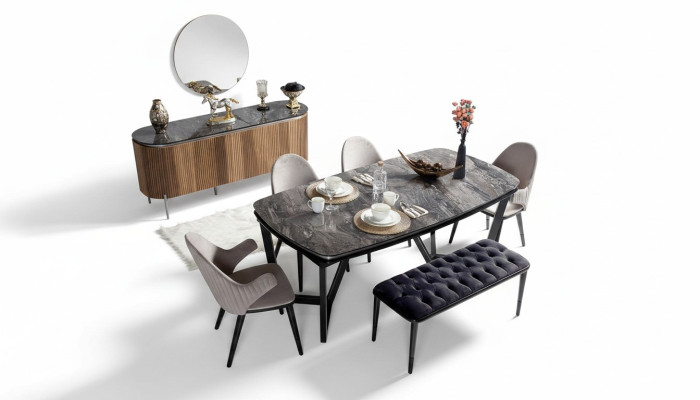 Ensemble de salle à manger élégant composé d'une table à manger, de 4 chaises et de 6 tabourets.