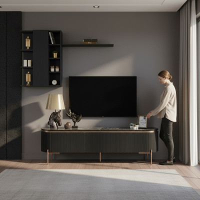 Luxueux ensemble de salon en 2 pièces avec meuble TV bas et armoire murale avec étagère