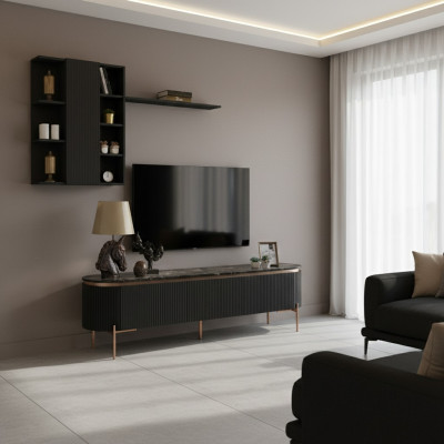 Luxueux ensemble de salon en 2 pièces avec meuble TV bas et armoire murale avec étagère