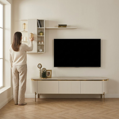 Ensemble de salon en deux pièces composé d'un banc TV + d'un meuble mural avec étagère neuf