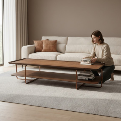 Salon brun Table basse en bois Pieds en acier inoxydable Table de canapé élégante