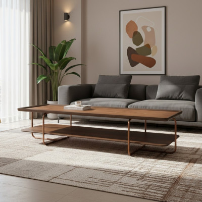 Salon brun Table basse en bois Pieds en acier inoxydable Table de canapé élégante