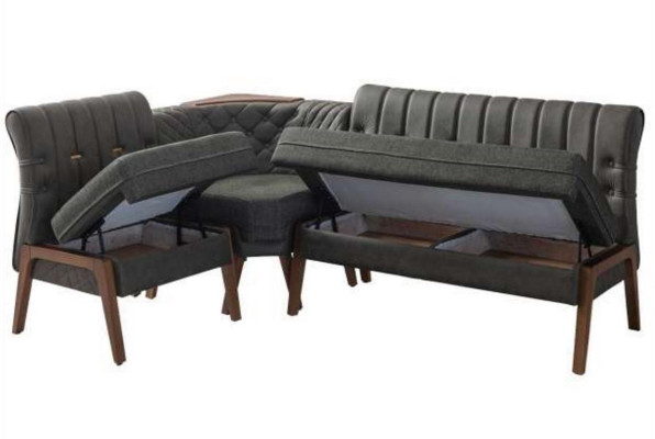 Gray Dining room Suite Wood Dining table 2x textile chairs corner bench 4-piece set French: Suite salle à manger grise Table à manger en bois 2 chaises en textile Banquette d'angle Ensemble 4 pièces