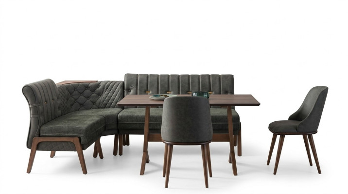 Gray Dining room Suite Wood Dining table 2x textile chairs corner bench 4-piece set French: Suite salle à manger grise Table à manger en bois 2 chaises en textile Banquette d'angle Ensemble 4 pièces
